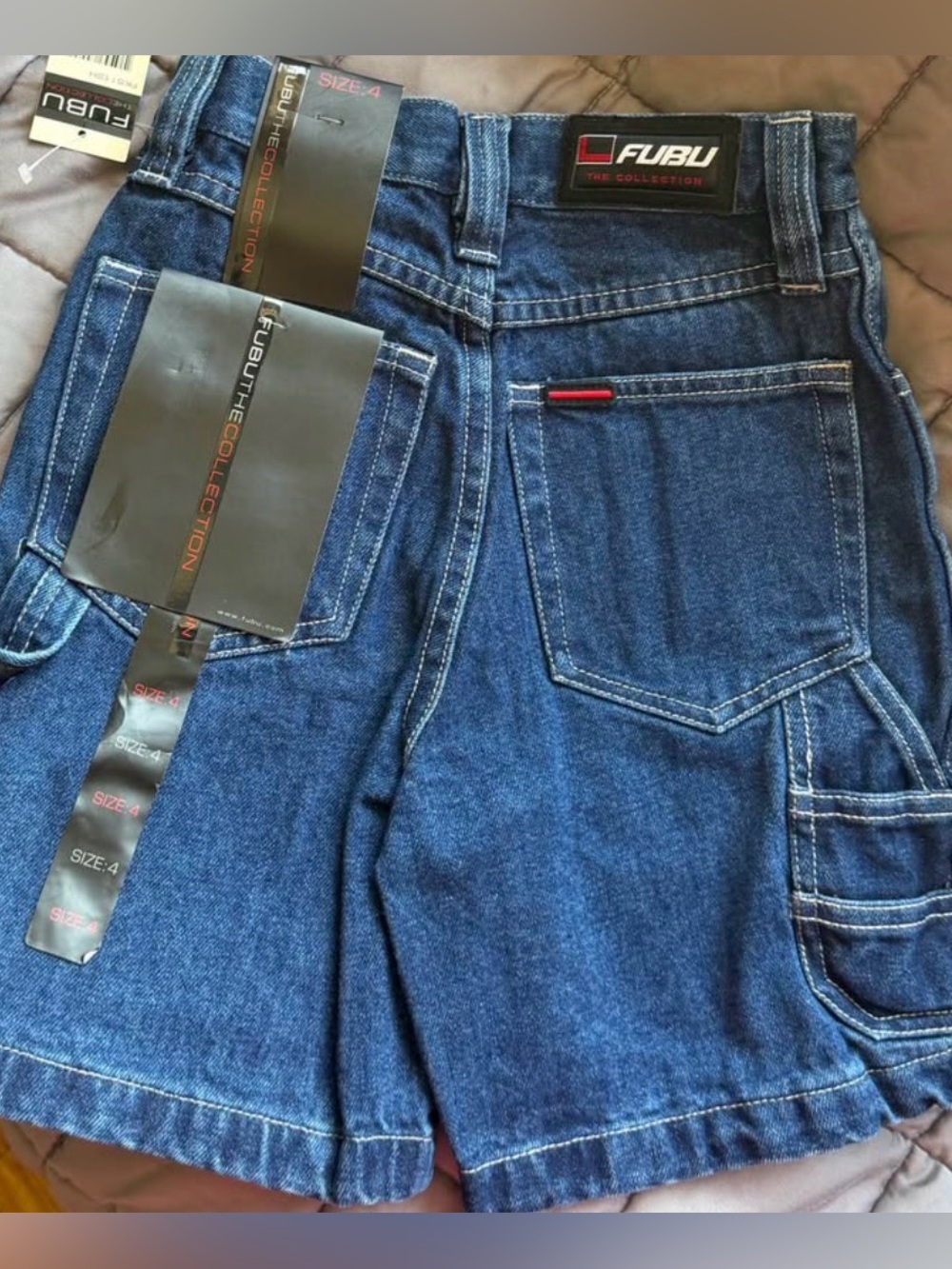 New deadstock Y2K VTG FUBU spell out patch Blue Denim cargo Shorts. Toddler sz 4